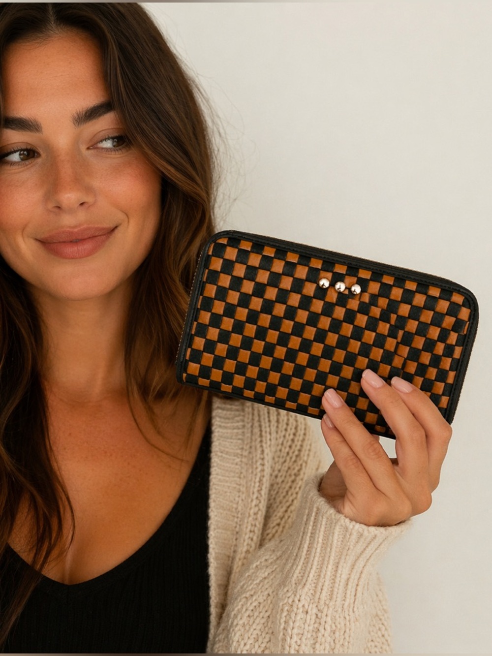 Pretty Simple Lenni Zip Woven Checkered Coffee Wallet Vegan Leather Full Size LG